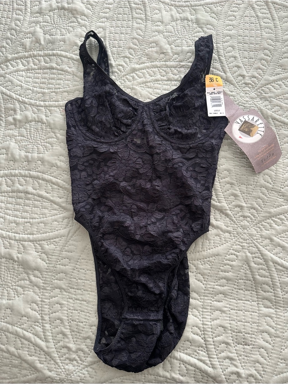 Vassarette black lace Teddy lingerie 36C 100% cotton lining NWT